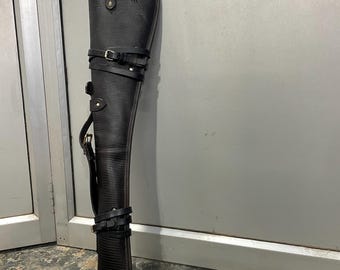 Western Rifle Scabbard - 33&quot; Black Textured Leather Scabbard with Fur Lining - Carrying Handle, Ammo Pockets and Adjustable Carrying Strap