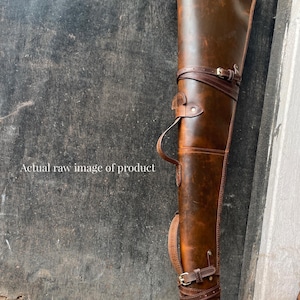 Leather Rifle Scabbard - 43&quot; Brown Western Leather Scabbard with Fur Lining - Carrying Handle, Ammo Pockets and Adjustable Carrying Strap