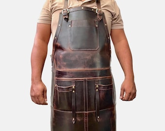 Leather Work Apron: Heavy-Duty Brown Leather Apron, Woodworking, Welding, BBQ