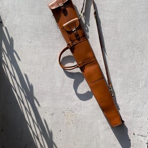 Western Rifle Scabbard - 45&quot; Tan Leather Rifle Scabbard with Versatile Shoulder Strap, Handle and Fur Lining, Personalized Gift for Father
