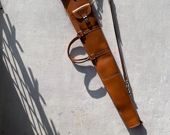 Western Rifle Scabbard - 45&quot; Tan Leather Rifle Scabbard with Versatile Shoulder Strap, Handle and Fur Lining, Personalized Gift for Father