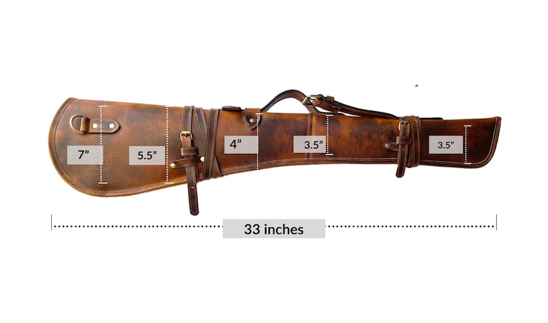 May include: A brown leather gun case with a strap and buckles. The case measures 33 inches long, 7 inches wide at the widest point, and 5.5 inches wide at the narrowest point. The case has a 4 inch wide flap and two 3.5 inch wide straps.