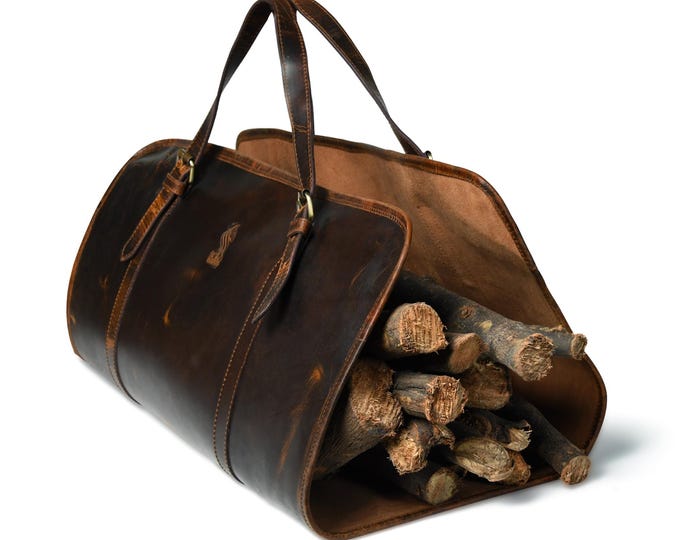 Full-Grain Leather Firewood Log Carrier – Rustic Fireplace Decor