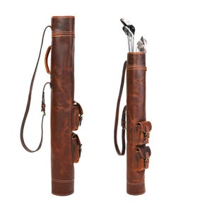 Bolsa de golfe marrom estilo vintage feita à mão em couro legítimo com 2 bolsos para bolas de golfe, 6 suportes para tacos de golfe e alça, suporte de couro para golfe, presente para golfistas