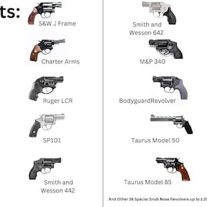 May include: A chart showing different types of revolvers that fit a specific holster. The revolvers are labeled with their brand and model names, such as Smith and Wesson 642, Charter Arms, Ruger LCR, and Taurus Model 50. The text "Fits:" is at the top of the chart.