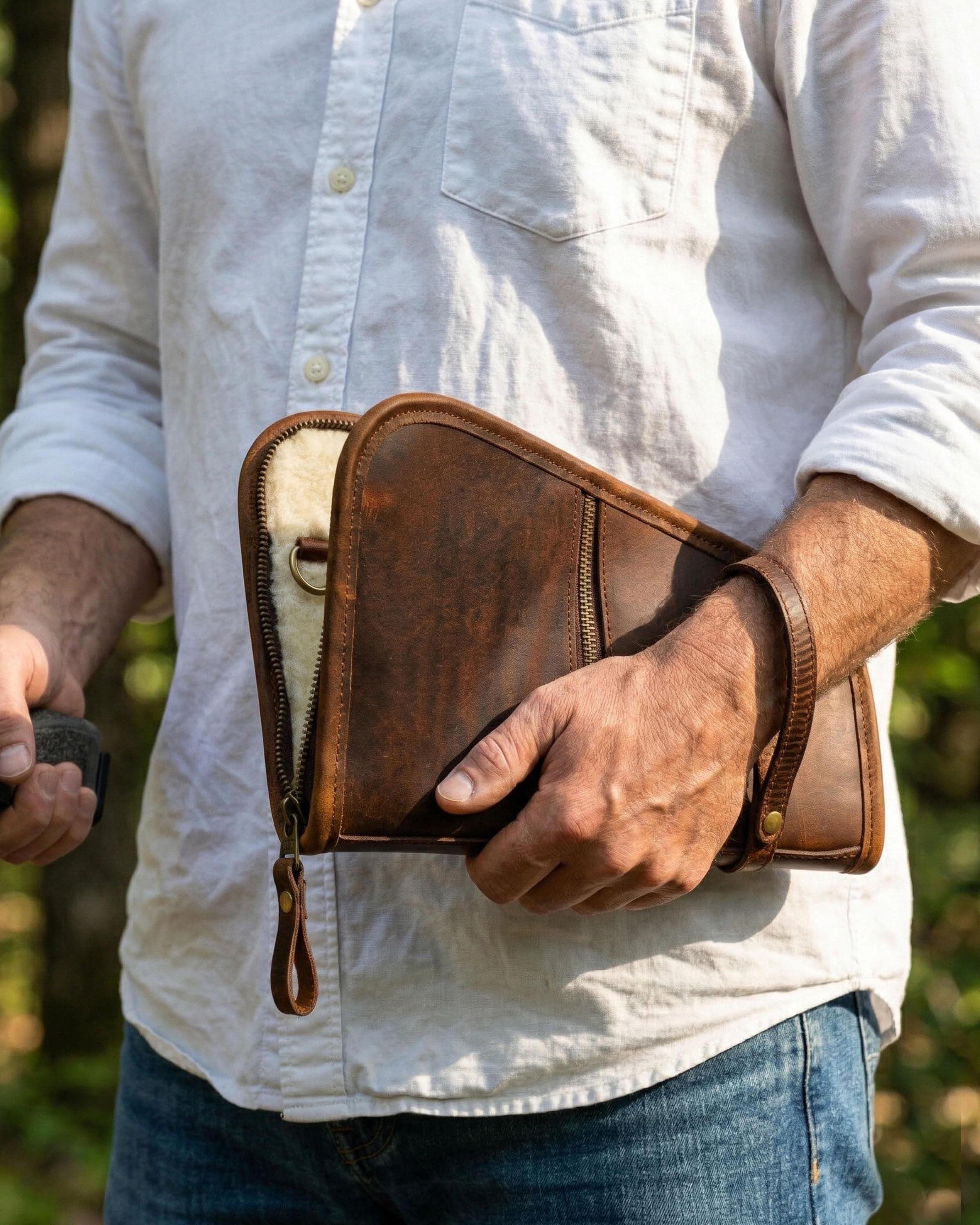 Handcrafted Full Grain Leather Pistol Case With Luxurious Mink Fur