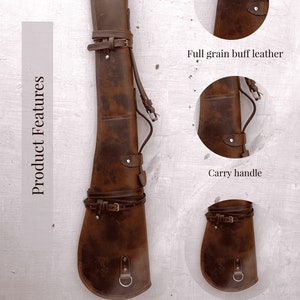 May include: A brown leather gun case with a saddle strap, carry handle, and a full grain buff leather exterior.