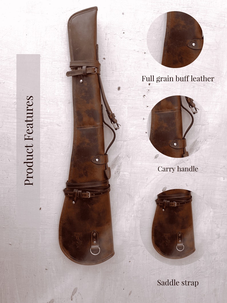 May include: A brown leather gun case with a saddle strap, carry handle, and a full grain buff leather exterior.