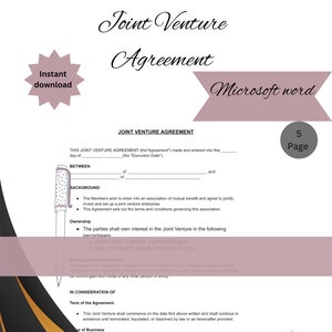 May include: A black and white legal document titled "Joint Venture Agreement" with a pink and white star graphic at the top left corner. The document is a Microsoft Word template and is 8.5 inches by 11 inches.