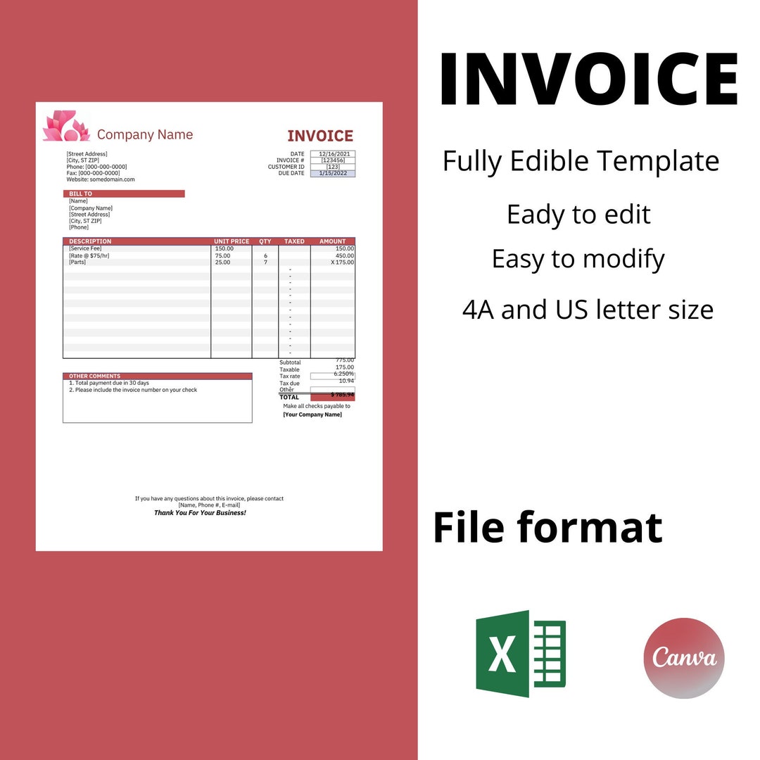 Invoice Editable Template Printable Invoice Payable Invoice - Etsy