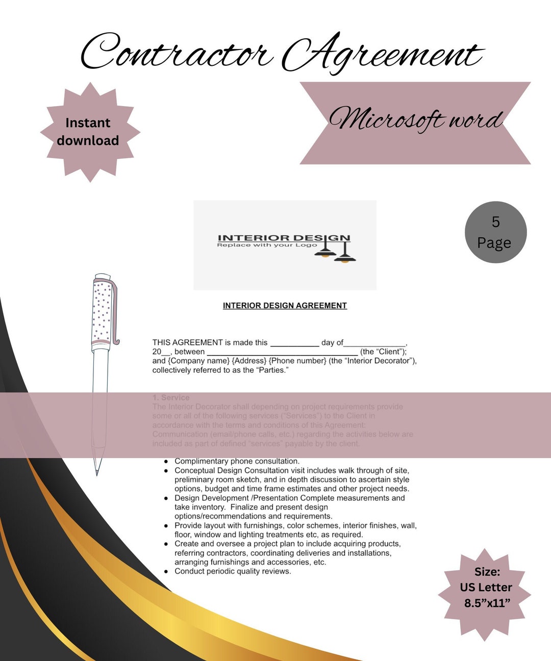 Professional Interior Design Contract, Editable Templates, 5 Page, DIY ...