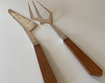 Midcentury teak and silver cheese fork and knive