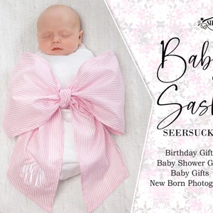 Custom Seersucker Baby Bow Sash,Monogram Seersucker,Baby Head Wrap,Seersucker Baby Bow Headband,Baby Shower Gift,Embroidery Baby Bow Sash