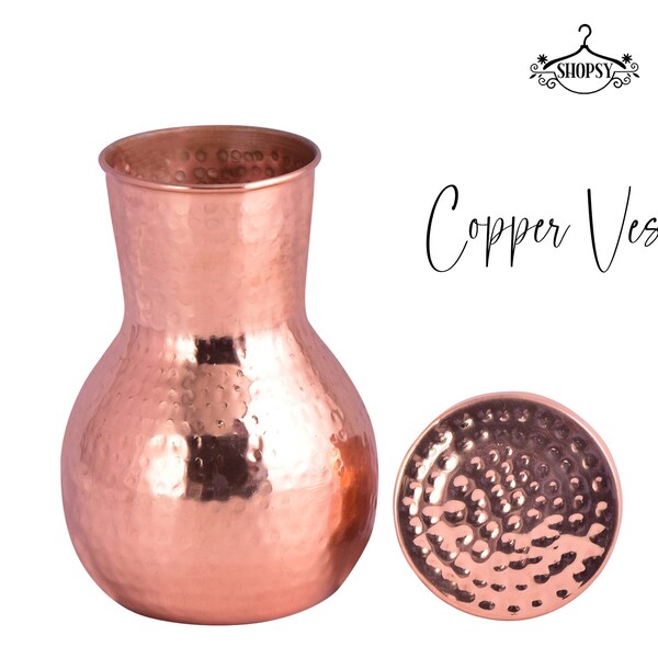 Ayurvedacopper 100% Pure Copper Bedroom Bottle | Bedside Carafe | Bedroom jar with inbuilt Copper Glass/Vessel 1 Litre