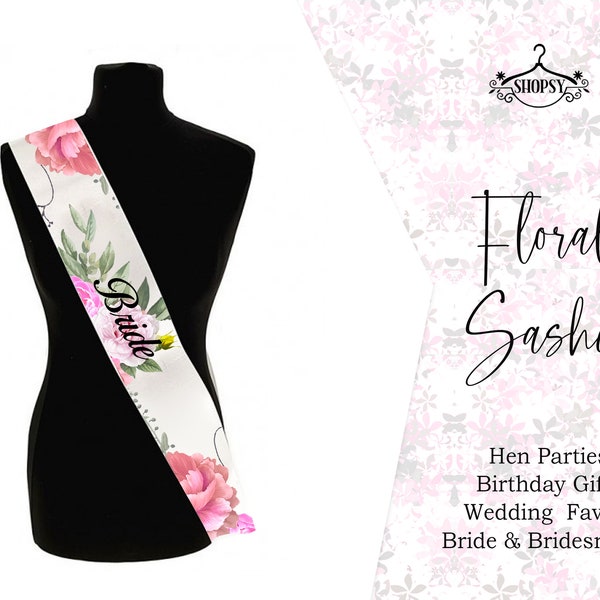 Rose Print personalized Flower Print Sash - Neutral Baby Shower Bridal Party Hen Do Bridesmaid Birthday Gender Pink Floral Garden Theme Sash