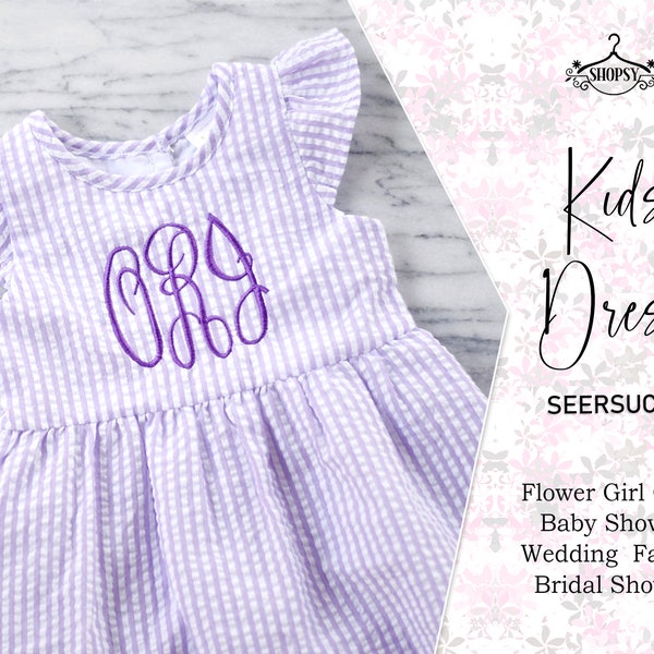 Seersucker Toddler Girls Baby Dress, Customized Girls Dress, Girls Monogrammed Romper, Baby Shower gift, Bubble Romper, Ruffle Sleeve.