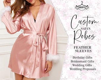 Personalized Bridesmaid Robes with Feather Sleeves, Brides Robe, Wedding Robes, Silk robe, Bridal lace robe, Bridal Robes, Bridesmaid gift