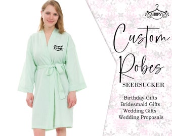 Customized Seersucker Robes Designer Seersucker Striped Cotton Blend Seersucker Bridal Robes Embroidery Bridesmaid Seersucker Robes