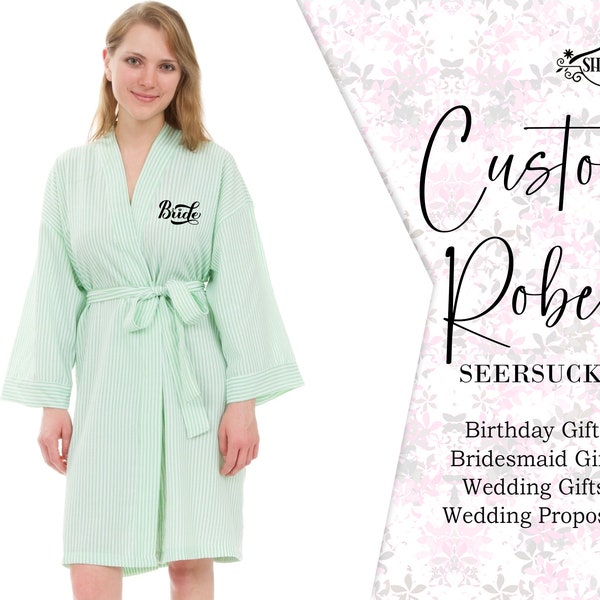 Customized Seersucker Robes Designer Seersucker Striped Cotton Blend Seersucker Bridal Robes Embroidery Bridesmaid Seersucker Robes