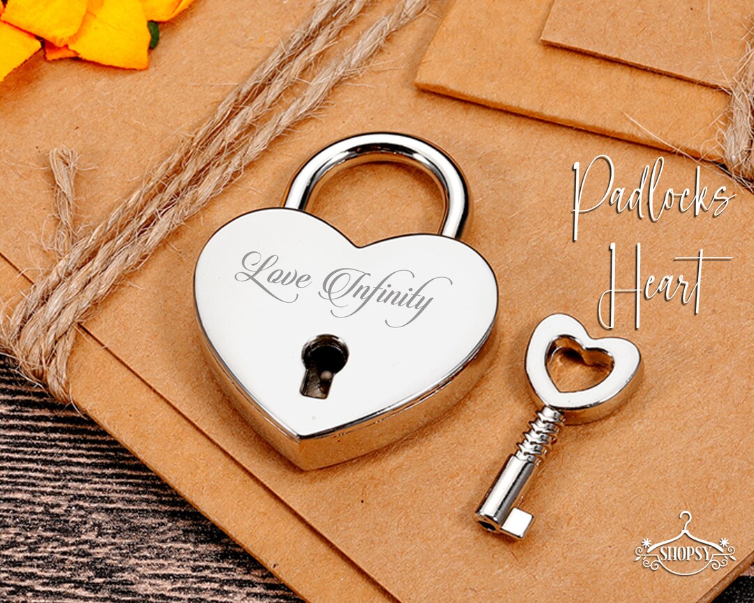 Engraved Padlock With Key, Two Hears Locked in Love Lock, Personalized