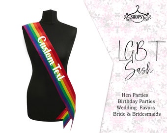 Personalised rainbow hen party sash, personalised sash, bridesmaid sash, bride sash, wedding sash, pride sash, LGBT sash, Gay Sash Gifts