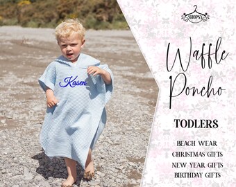 Kids Hooded Beach Towel Poncho - Personalized Waffle Beach Towel Poncho - Custom Embroidered Poncho - Bath Towel - Kids Hooded Beach Poncho