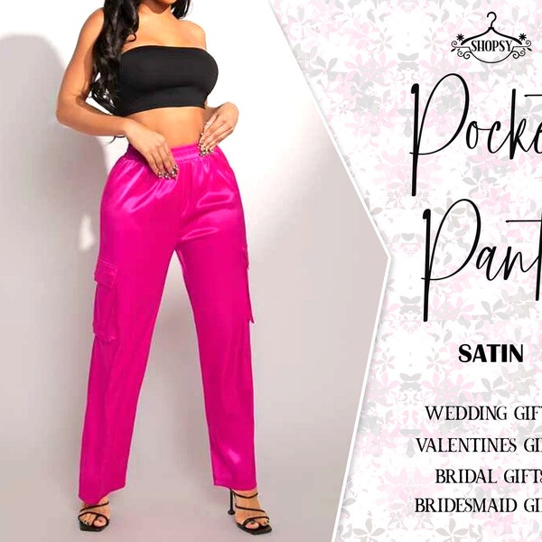 Womens Pocket Pant | Women Satin Cargo Pants | Satin Silk Long Pants | Elastic Waist Trousers | Bridal Trousers | Street Pant | Gift for Her