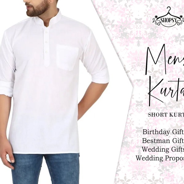 Kurta décontracté à manches longues pour hommes, kurta court, kurta fait main, kurta indien, kurta traditionnel en coton pour hommes kurta de mariage pour homme