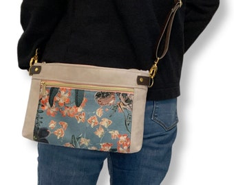 Small shoulder bag for women - flowers petrol