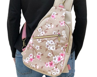 SlingBag -  einseitiger Rucksack - sand rosa Kirschblüten