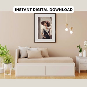 1950s Sophisticated Lady Printable Art of Pretty Woman Vintage Portrait Collar Dress Artwork Lady in Floral Hat Instant Digital Download Art