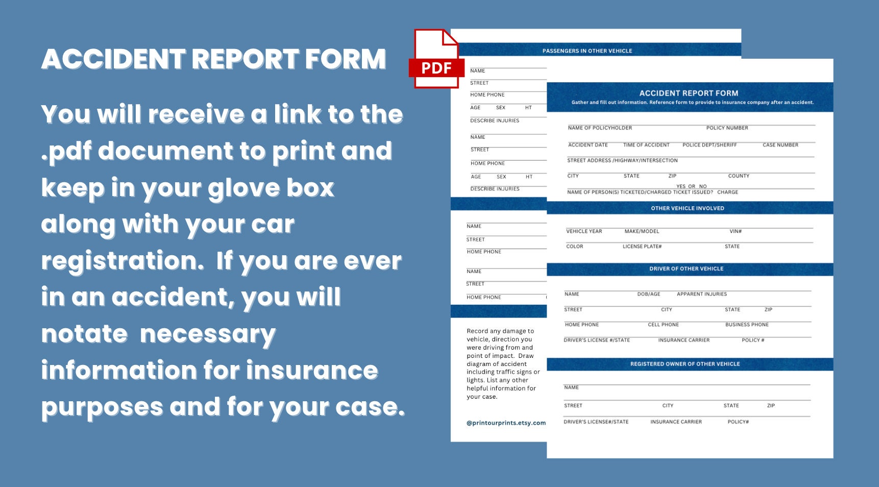Printable Car Accident Report Form for Insurance Purposes Auto Accident ...
