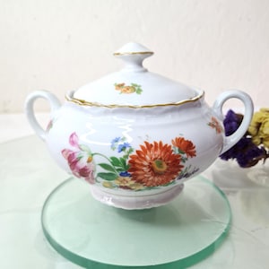 Floral Porcelain Sugar Bowl with Lid & Two-Handle TK Thun Bohemia Czechoslovakia, Vintage White Hand Painted Rose Pot, Gift for Her