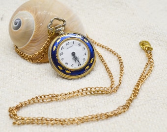 Swiss Elegant Watch Necklace Pendant FAVORIT blue enamel gold, Small Long clock necklace, Vintage Mechanical Pocket womens ladies watch