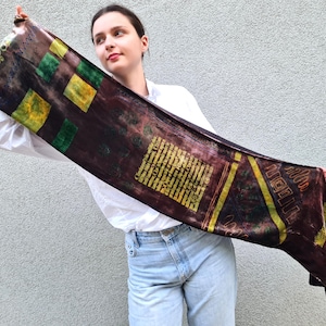 Aksamitny szalik w kolorze brązowo-żółto-zielonym, dwustronny, jedwabny, prostokątny szal, wieczorowy szal w stylu boho, prezent dla pisarza i dziennikarza