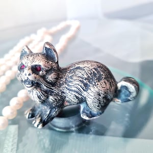Miniature Silver Cat Figurine with Ruby Eyes, Vintage Mid Century Little Cute Kitty Figure, Collectors Pet Lovers Gift