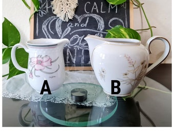 Art Deco white porcelain coffee tea creamer pink flowers, Kahla German, K&A Krautheim Bavaria small Milk pitcher jug, ceramic bud vase