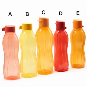 May include: Five translucent plastic water bottles labeled A, B, C, D, and E. Each bottle features a contoured, hourglass-like shape with a matching colored flip-top cap. The colors range from light peach and yellow to vibrant orange and red.