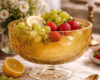 Vintage Amber Crackle Glass Compote Bowl INGRID GLAS German 70s, Yellow Pedestal Fruit Dish, Mid Century Centerpiece, Retro Serveware Decor