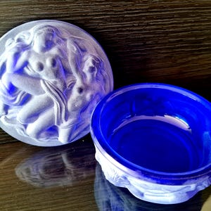 Trinket Box Jar with Lid Cobalt Blue Relief Frosted Glass, Art Deco Women Jewelry Bowl, Vintage Bohemian Collectible Vanity Storage Item