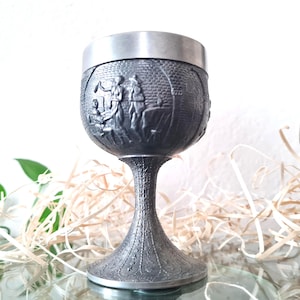 Pewter Goblet Chalice with Pub Scenes, German Metal Wine Glass ARTINA REIN Zinn 95%, 10 Year Anniversary, Medieval Wedding Gift for Husband