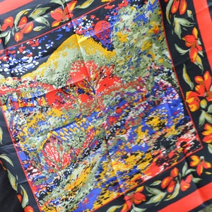 Black Red Artistic Satin Scarf Impressionist Landscape Abstract Design Claude Monet Inspired Shawl, Renaissance Art Scarves Multicolor