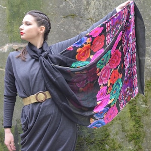 Designer Black Sheer Silk Scarf Shawl Roberto Cavalli Made in Italy, Long Light Pure Silk Scarf Floral Print, Gift for Her Women