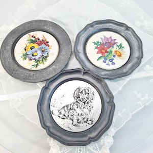 Vintage Pewter Coasters with Flowers Ceramic Inset, Germany Bavarian Drink Coasters, Small Trinket Dish, Tin Anniversary Gift