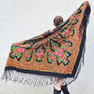 Vintage vierkante wollen sjaal met franje, grote 55-inch vierkante boho-sjaal omslagdoek, cadeau voor haar, luxe authentieke originele Russische Pavlovo Posad-sjaal