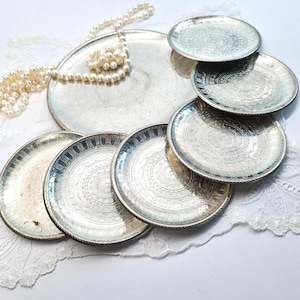 Set of 7 Vintage Silver Coasters, Small Saucers with Beautiful Stamped Ornament, Mid-Century Elegant Art Deco Drink Chrome Coasters