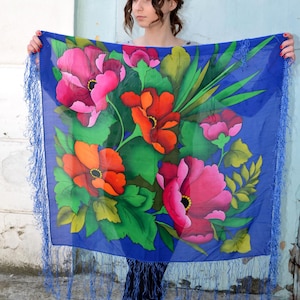 Blue Pure Silk Large Floral Scarf with Fringe, Bright Colourful Shawl Wildflowers Daisy Poppies Red Yellow Pink Flowers, Luxury Gift for Her