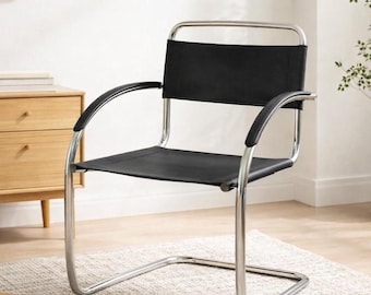 Postmoderner Freischwinger, modernistischer Bauhaus-Stil Bürostuhl Chrom und schwarzer Ledersessel von Mart Stam für Fasem Italy
