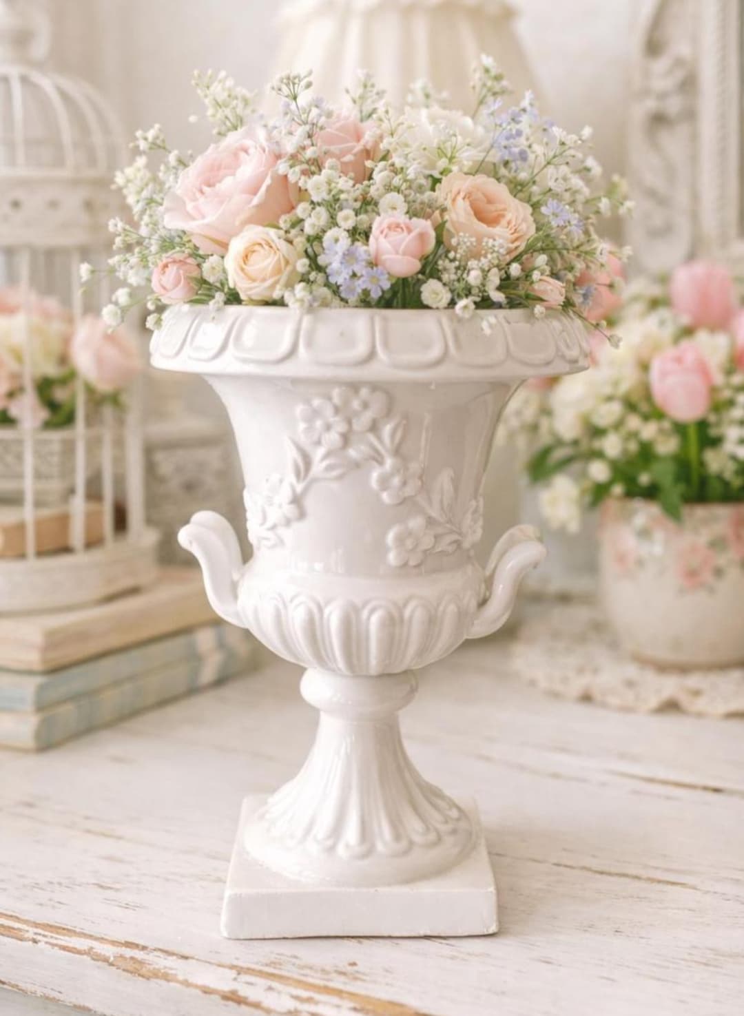 Buy White Ceramic Urn Style Vase Double Handles 8in/20cm, Italian