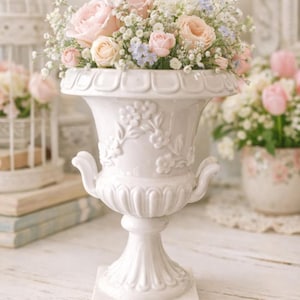 White Ceramic Urn Style Vase Double Handles 8in/20cm, Italian Pedestal Flower Planter Pot, Floral Amphora Centerpiece Shabby Chic Home Decor